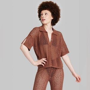 NWT Wild Fable Brown Crochet Short Sleeve Button Down Size XXL